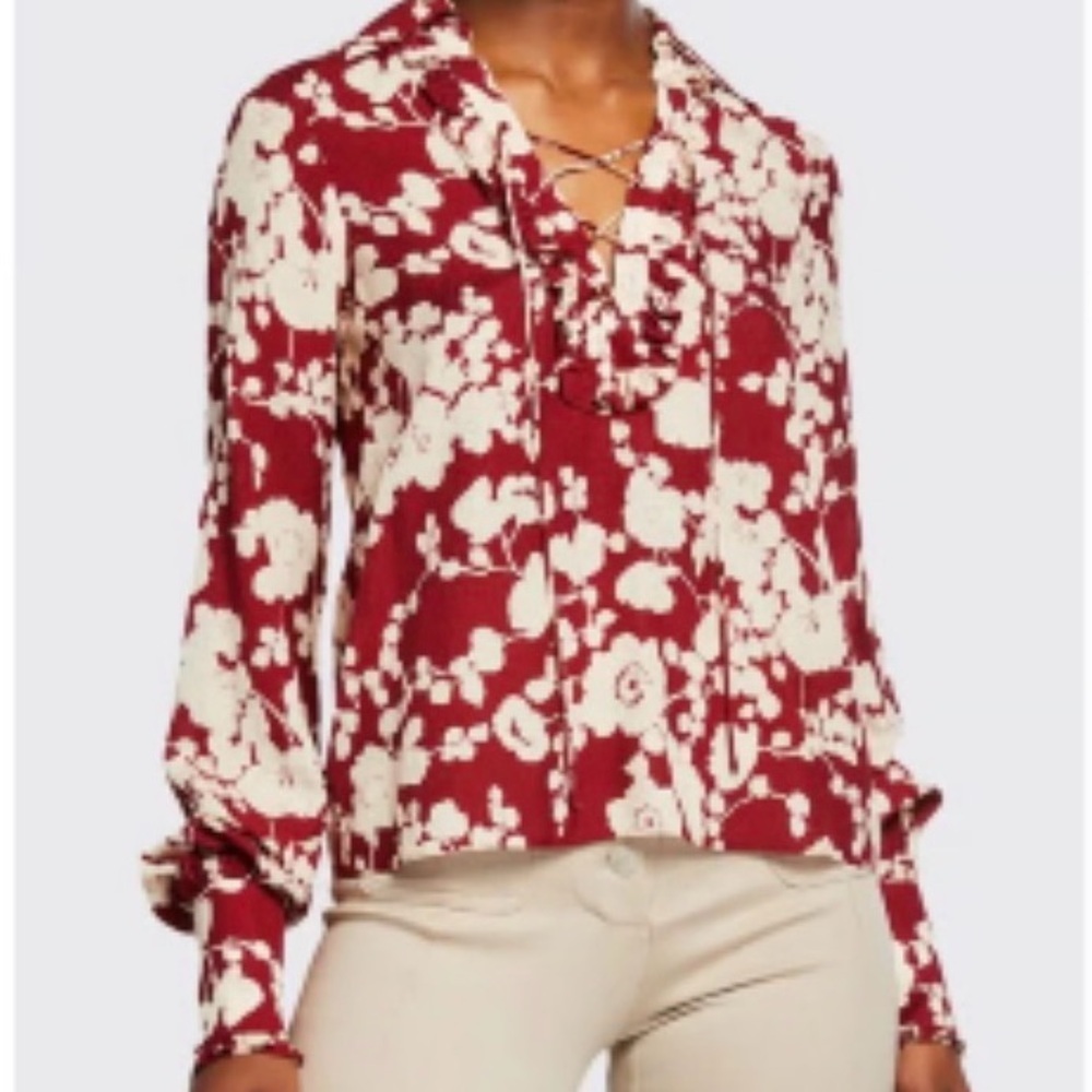 Alexis Women's Size XS Red Daina Floral-Print Long-Sleeve Blouse Shirt EUC